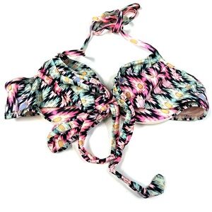 Y2K Victorias Secret 34A Wrap Halter Bikini Top Aztec Tribal Black Pink 3PT 2297
